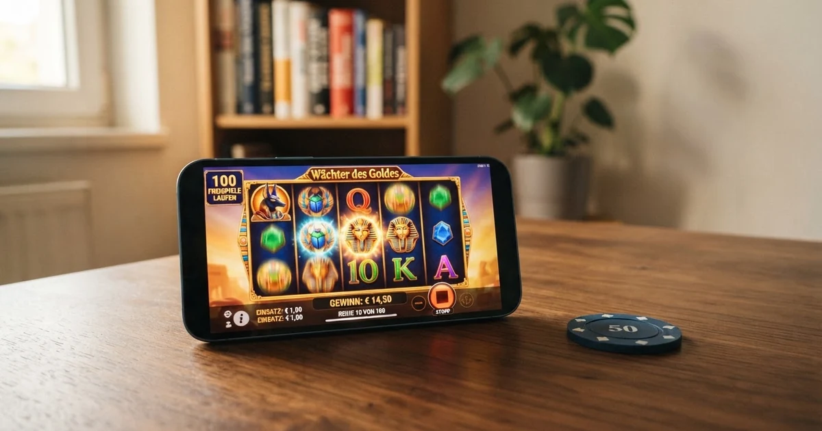 Slot-Automat mit leuchtenden Walzen, auf dessen Display „100 Freispiele“ und ein Stern-Symbol eingeblendet sind