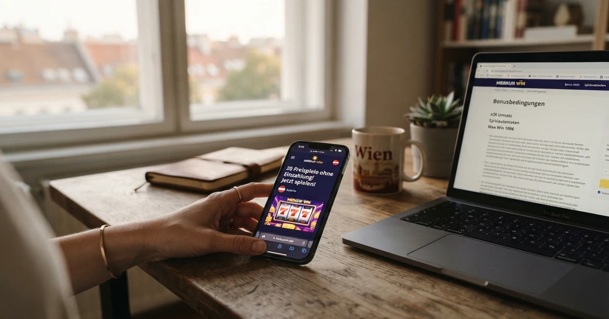 Smartphone-Bildschirm mit einer Casino-App, die „20 Freispiele“-Gutschrift anzeigt, daneben ein geöffneter Laptop mit Bonusbedingungen