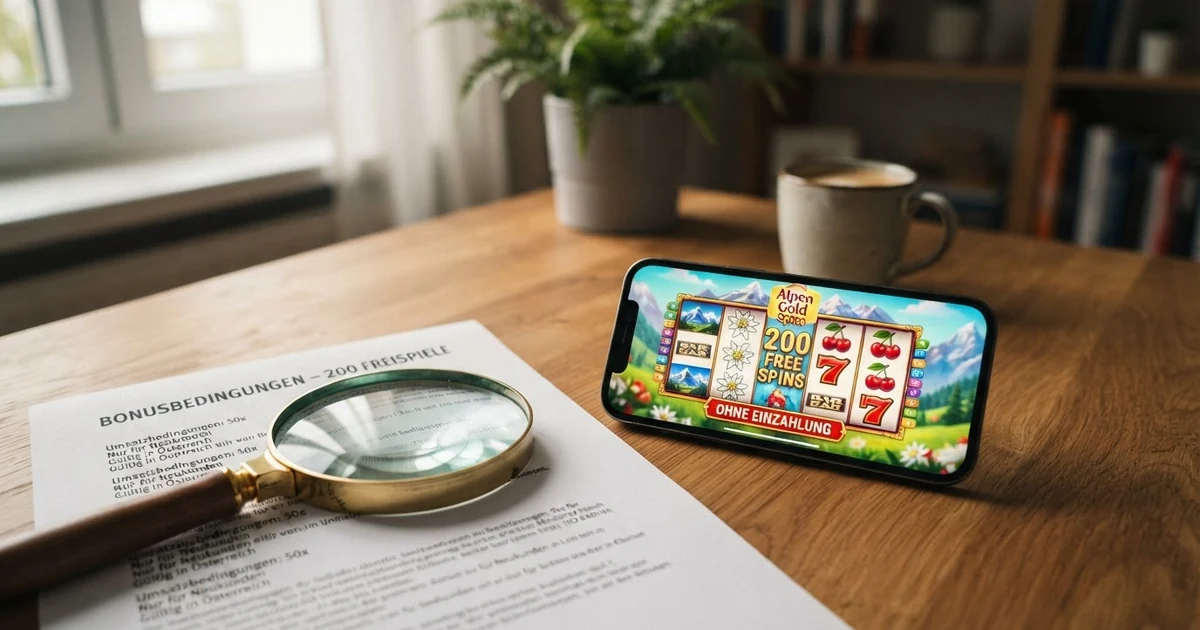 Ein Online-Casino-Werbekachel mit der Aufschrift „200 Freispiele“, daneben ein Smartphone mit geöffneter Bonusbedingungen-Seite und einer Lupe über dem Kleingedruckten