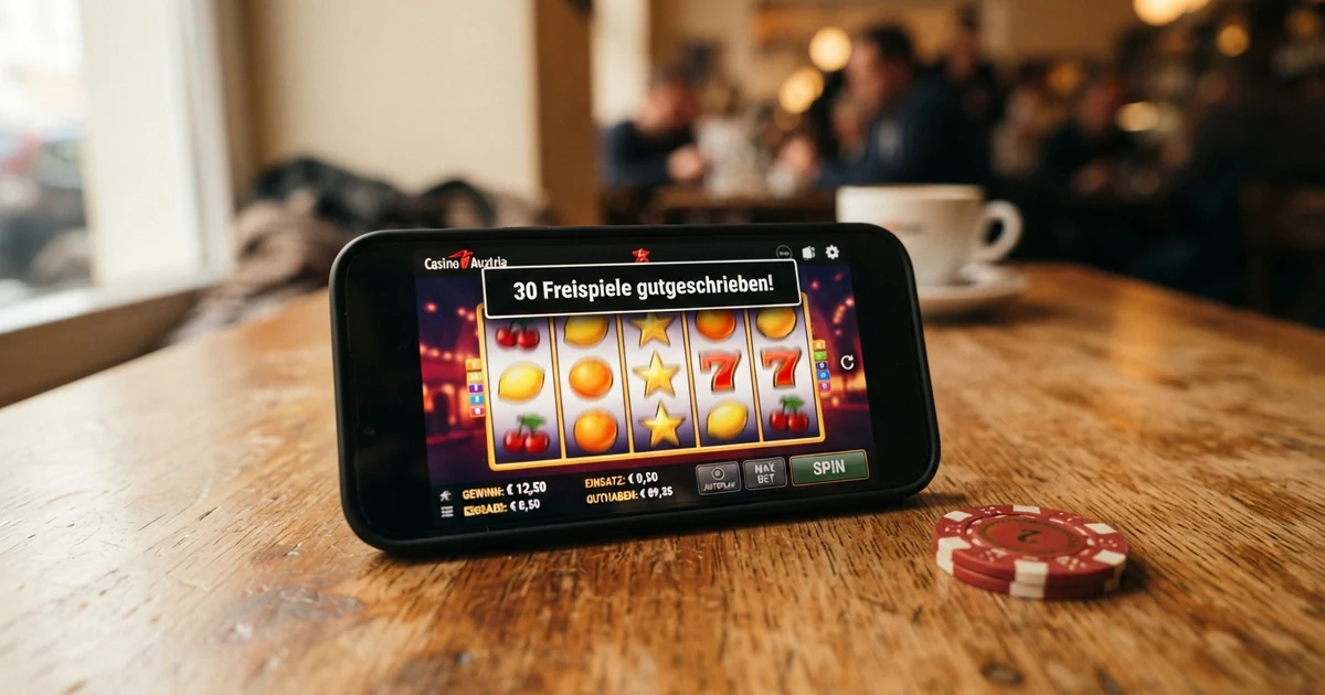 Smartphone mit geöffnetem Online-Casino, auf dem Bildschirm dreißig Freispiele auf einem Spielautomaten gutgeschrieben werden