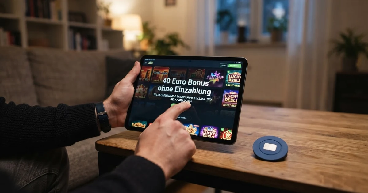 Ein Screenshot eines typischen Online-Casino-Bonusbereichs mit hervorgehobenem No-Deposit-Angebot, daneben ein Tablet mit geöffneten Bonusbedingungen im Vordergrund