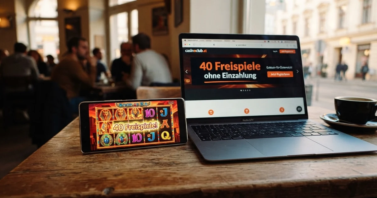 Ein geöffneter Laptop zeigt eine Casino-Website mit einem Banner „40 Freispiele ohne Einzahlung“, daneben liegt ein Smartphone mit einer Slot-Spieldarstellung