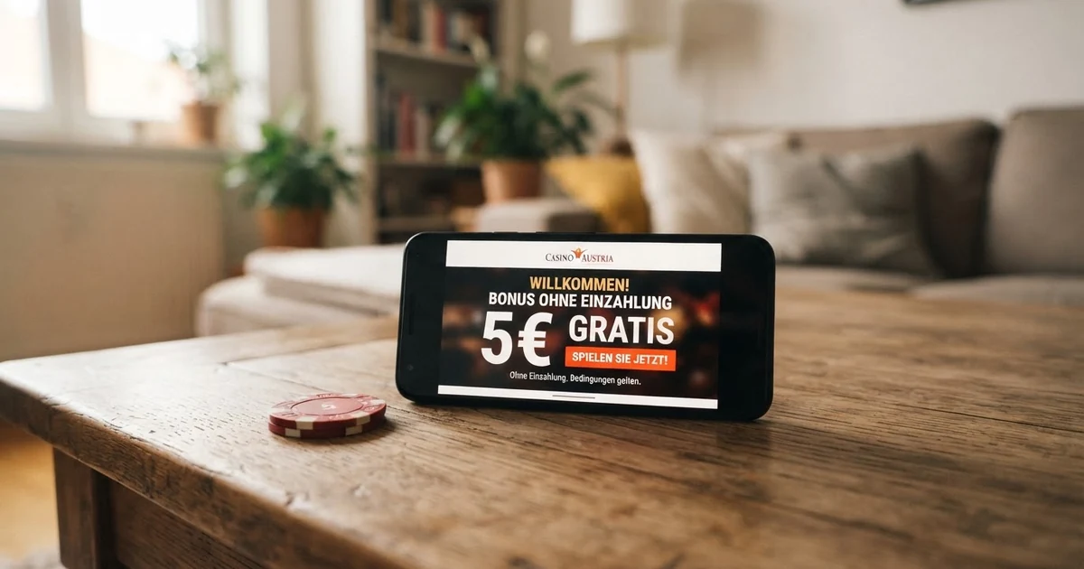 Ein 5-Euro-Schein liegt neben einem Smartphone, auf dessen Display ein Online-Casino-Willkommensbildschirm mit einem Bonus-Angebot zu sehen ist