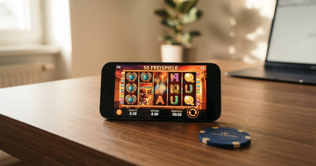 Eine Spielautomaten-Oberfläche mit der Anzeige eines Freispiel-Guthabens und dem Text „50 Freispiele“ auf einem Casino-Bildschirm