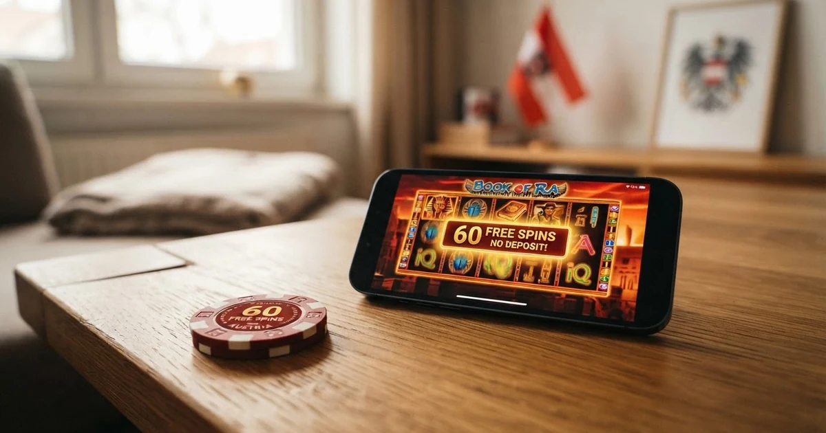 Ein Stapel Casino-Chips neben einem Smartphone mit geöffnetem Slot-Spiel, im Hintergrund die österreichische Flagge