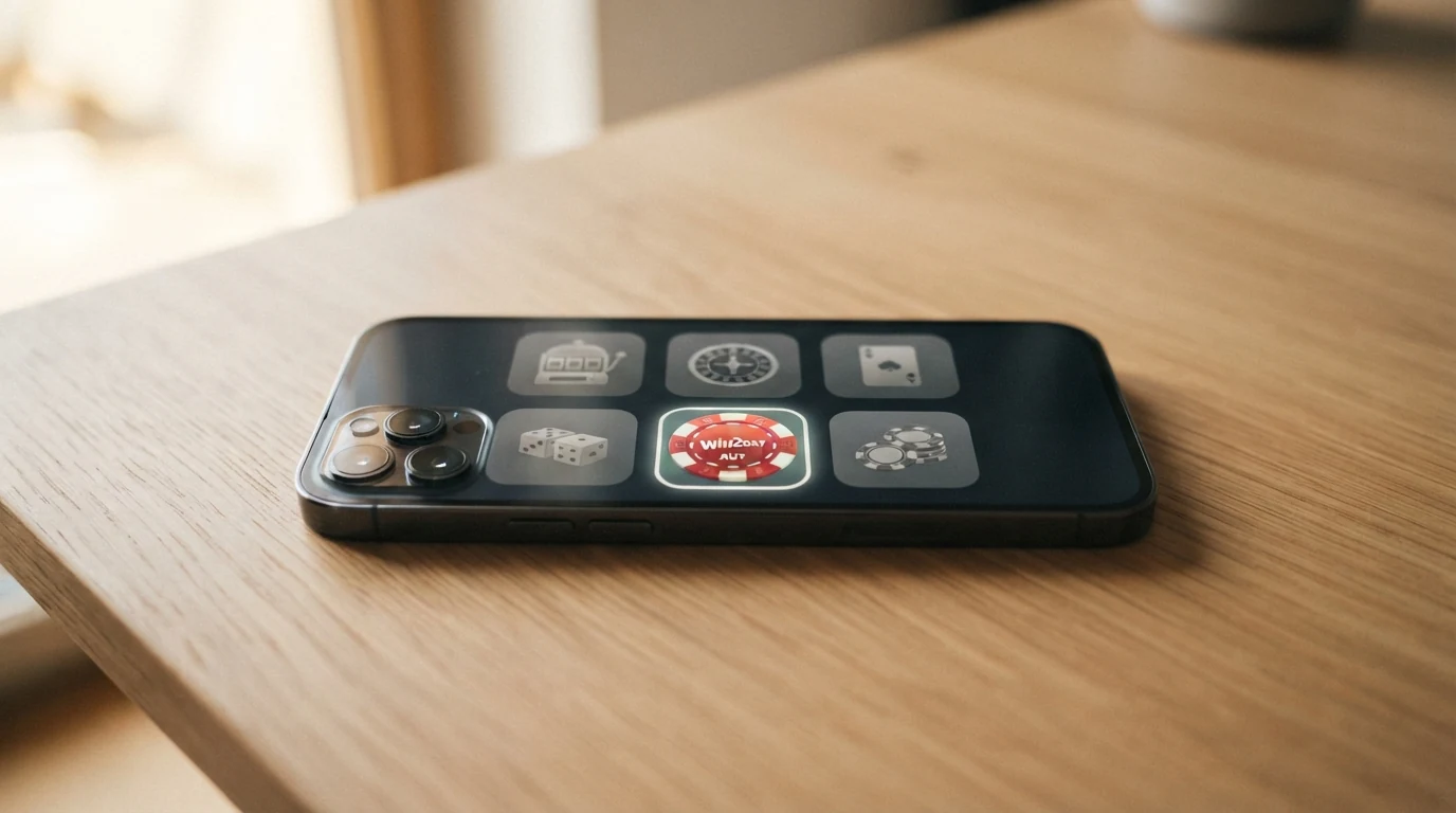 Eine Nahaufnahme eines Smartphone-Bildschirms mit den Logos verschiedener Online-Casinos, darunter win2day farblich hervorgehoben