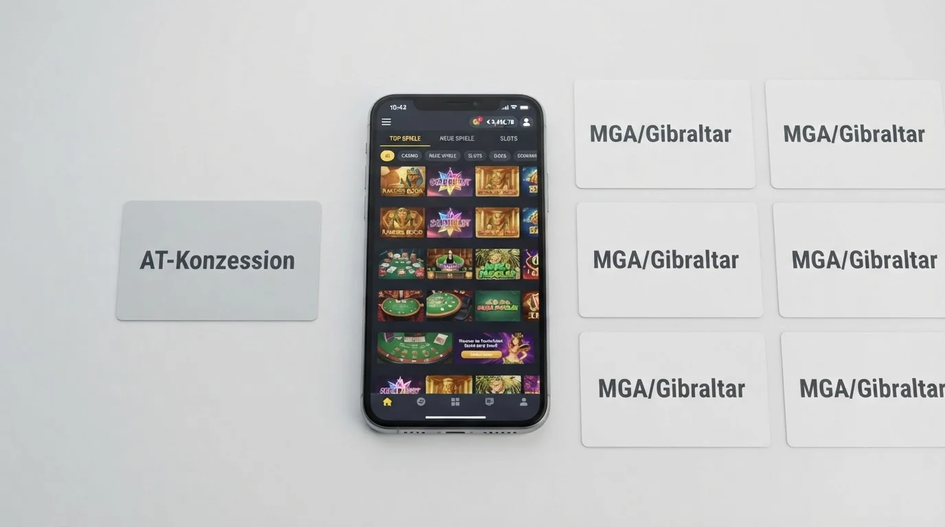 Eine vergleichende Übersicht der zehn vorgestellten Casino-Anbieter, gruppiert nach Lizenztyp: ein Anbieter mit AT-Konzession, neun Anbieter mit MGA- oder Gibraltar-Lizenz ohne AT-Gültigkeit.