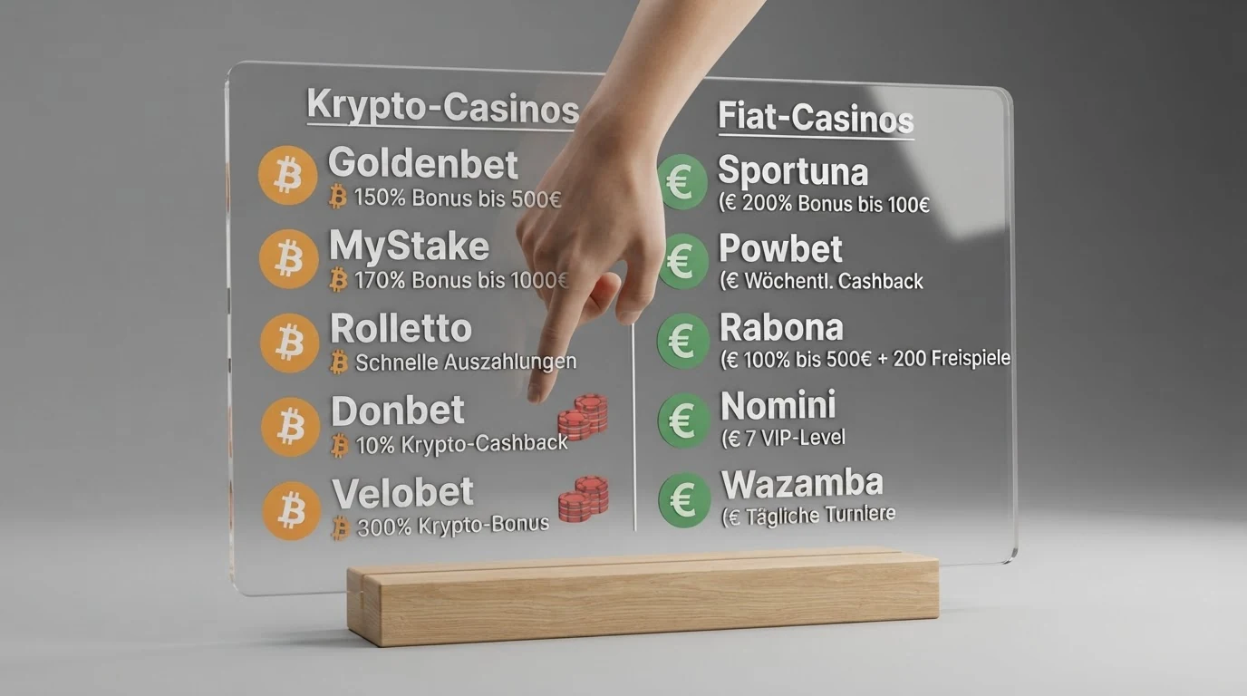 Eine grafische Übersicht der zehn vorgestellten Curaçao-Casinos mit ihren Bonus-Typen, geordnet nach Krypto- und Fiat-Anbietern