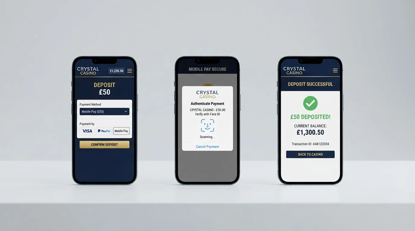 Ein grafischer Ablauf der Apple-Pay-Casino-Einzahlung in drei Schritten: Casino-Kasse, Face-ID-Bestätigung, Spielguthaben