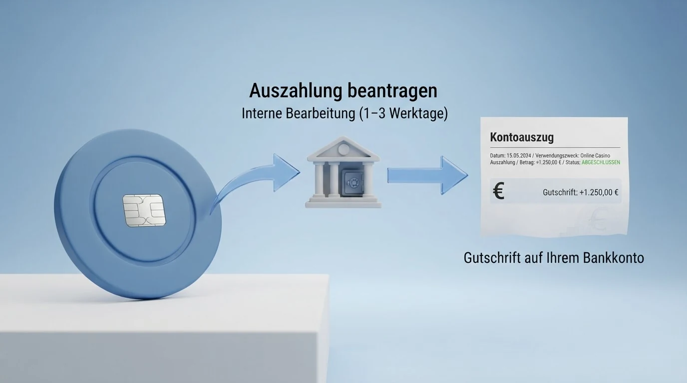 Eine schematische Darstellung des Auszahlungswegs: Casino-interne Prüfung (1–3 Werktage) als erster Pfeil, Verbuchung durch die Empfängerbank (1–2 Werktage) als zweiter Pfeil, dahinter ein Bankkonto-Symbol mit eingehendem Geldbetrag.