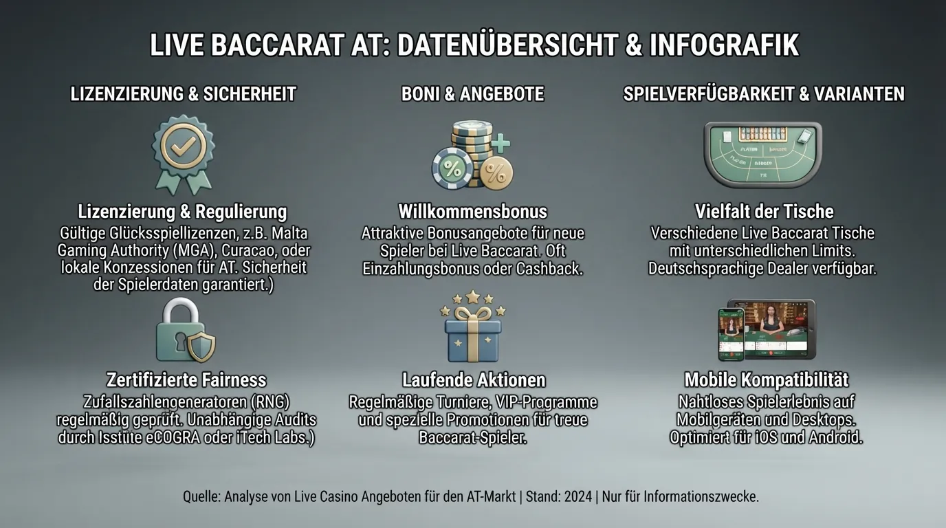 Übersichtliche Vergleichstabelle mit Casino-Logos, AT-Lizenz-Status, Live-Baccarat-Verfügbarkeit und Bonus-Höhe