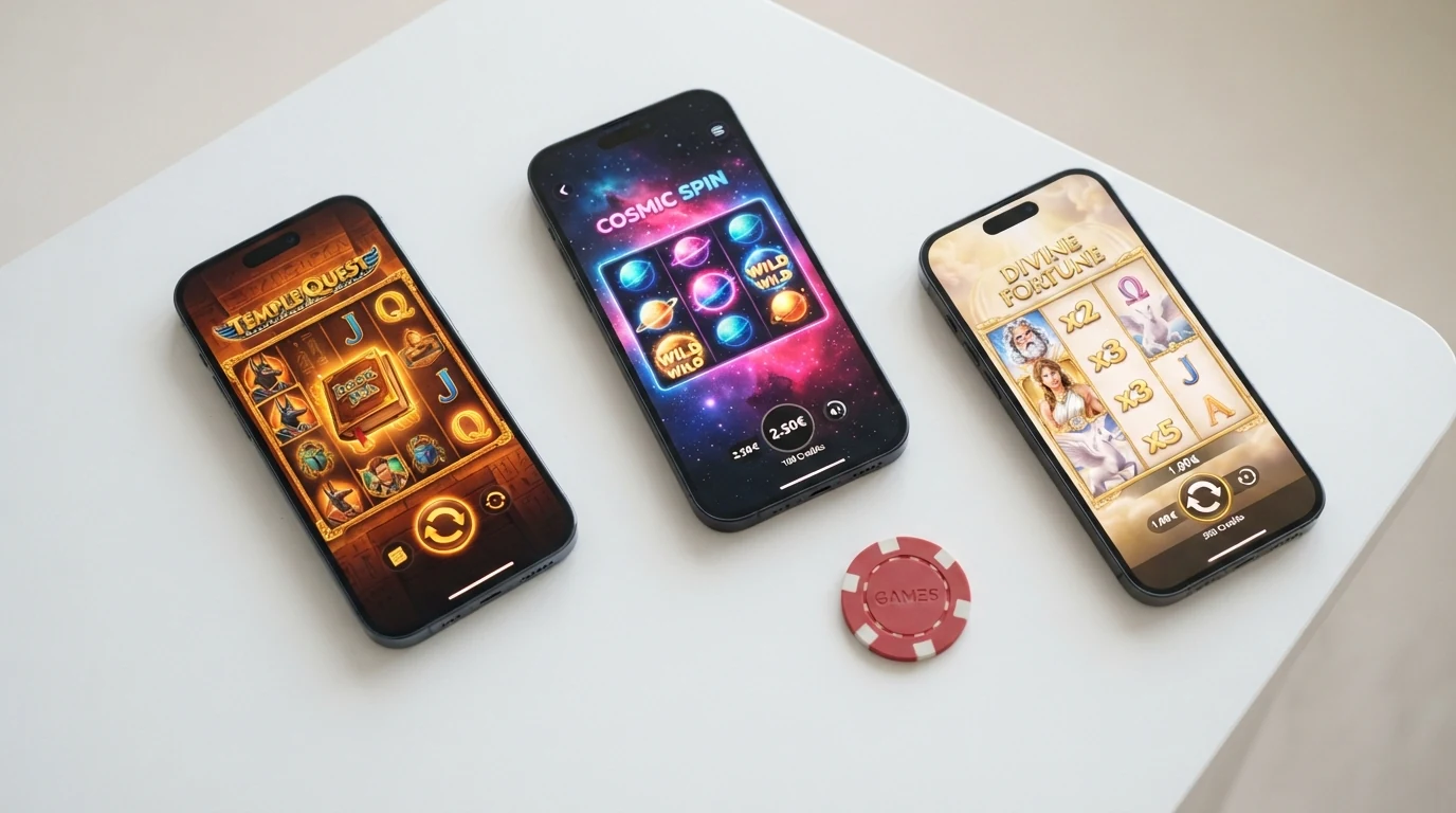 Bildschirmansicht dreier bekannter Spielautomaten-Titel nebeneinander: Book of Dead, Starburst und Gates of Olympus