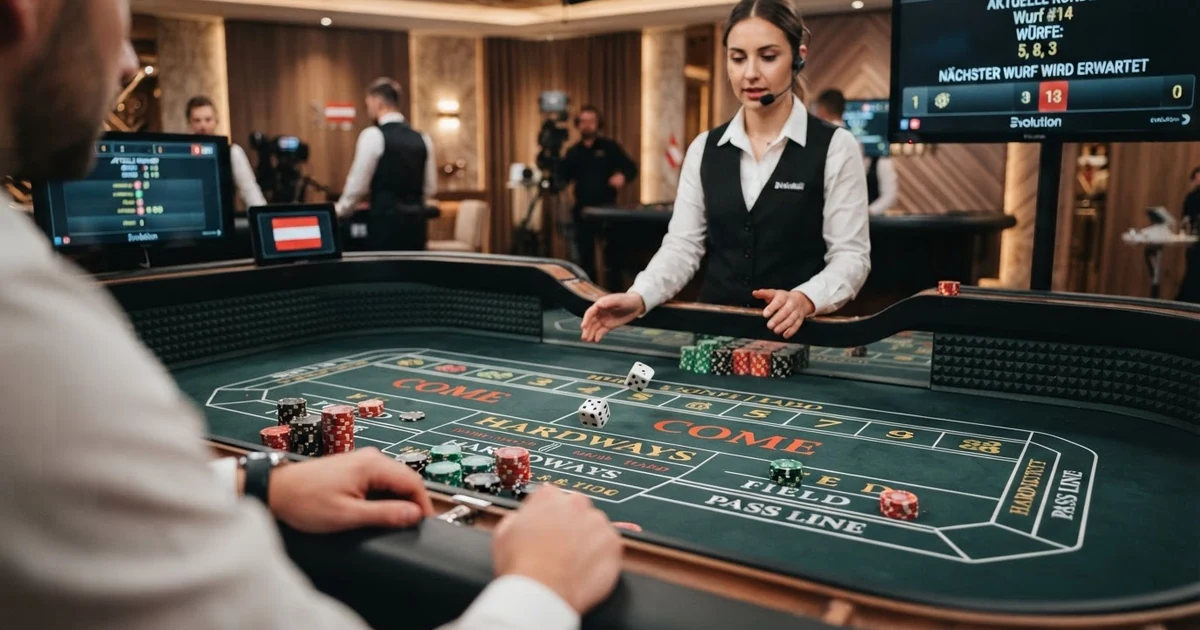 Ein Live-Craps-Tisch mit Würfeln und Casino-Chips in einer Evolution-Gaming-Studio-Umgebung, im Hintergrund ein digitaler Spieltisch