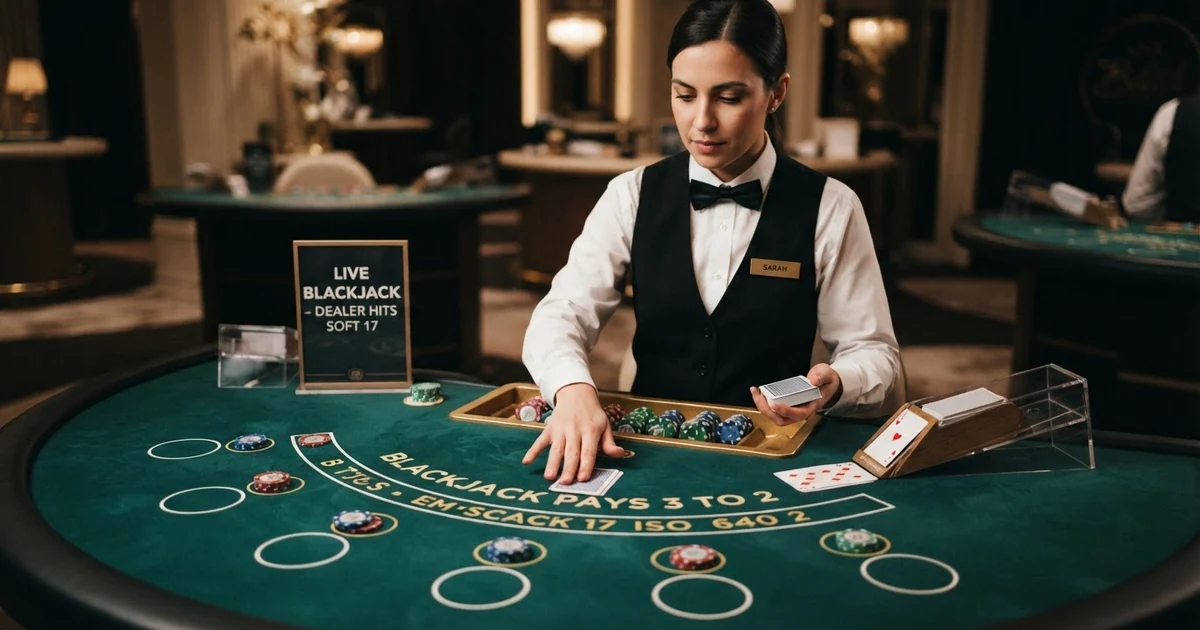 Live-Dealer am Blackjack-Tisch in einem Casino-Studio — Croupier teilt Karten aus, Spieltisch mit Wettfeldern und Casino-Chips im Vordergrund