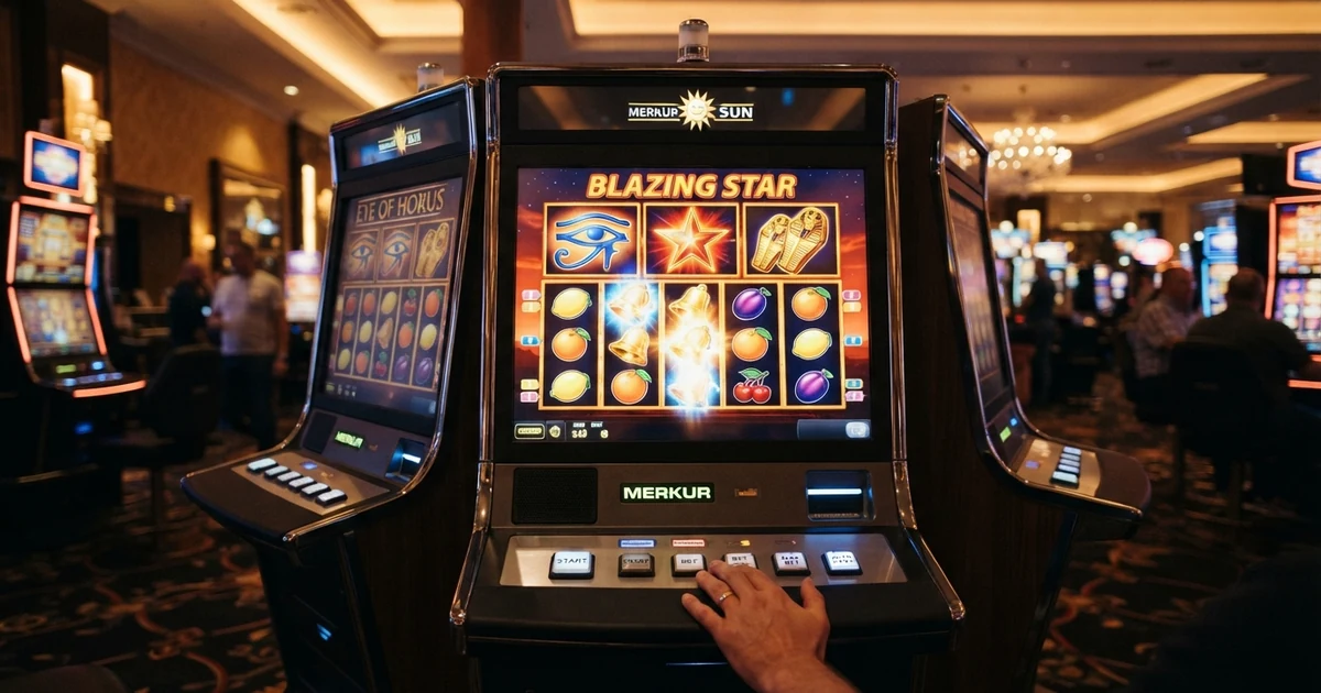 Mehrere Merkur-Spielautomaten mit leuchtenden Walzen, Fruchtsymbolen und dem markanten Merkur-Stern auf einem Bildschirm
