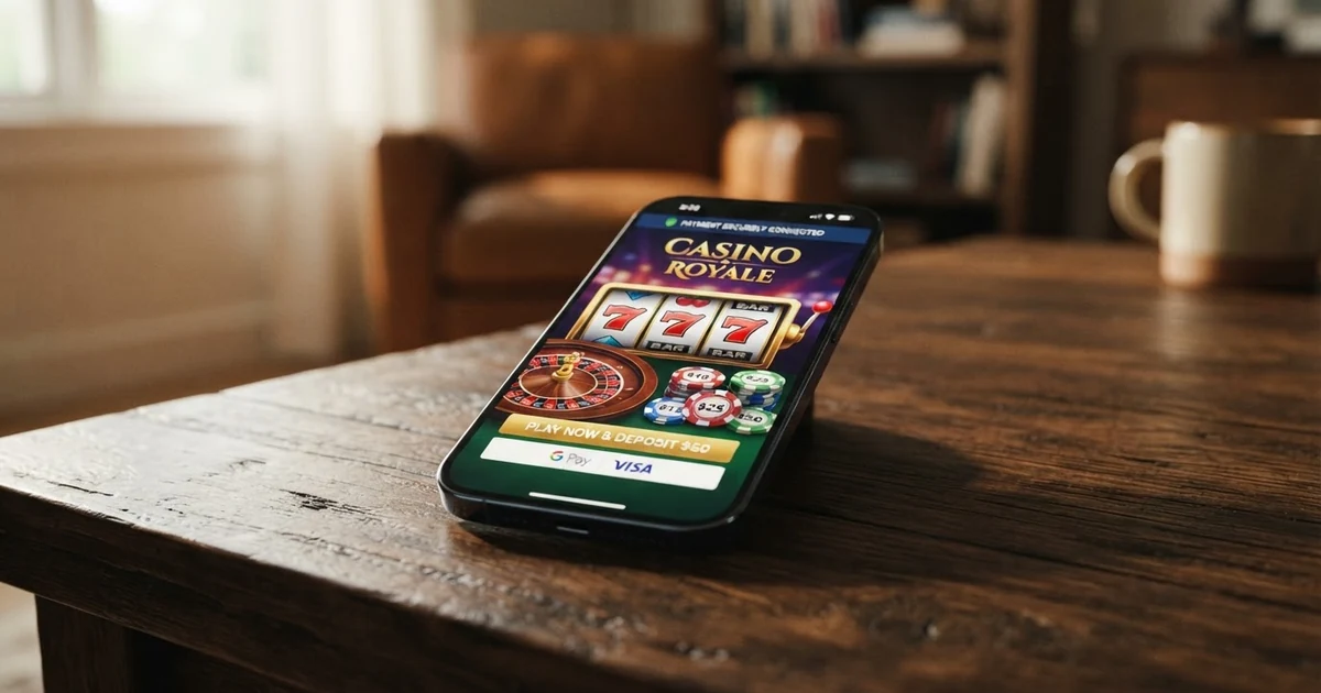 Ein Smartphone mit geöffneter Google-Pay-App und Casino-Symbolen auf dem Display, daneben eine angedeutete Spieloberfläche