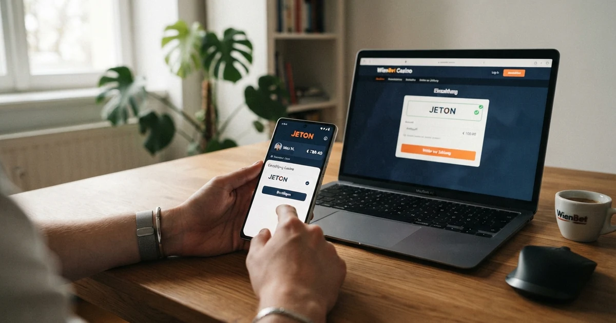 Jeton-App-Logo auf einem Smartphone-Bildschirm neben einer geöffneten Online-Casino-Kasse mit der ausgewählten Zahlungsmethode Jeton