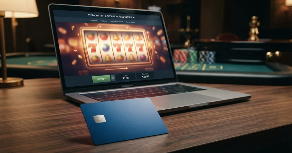 Eine Mastercard-Kreditkarte liegt vor einem geöffneten Laptop mit Online-Casino-Oberfläche und Spielautomaten im Hintergrund