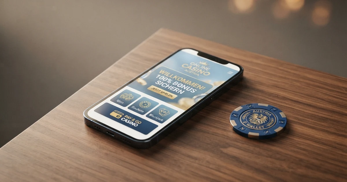 Neteller-Logo auf einem Smartphone-Bildschirm neben einem Casino-Willkommensbonus-Banner, vor neutralem Hintergrund