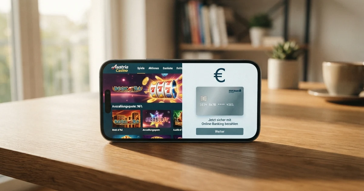 Ein geöffneter Laptop auf einem Schreibtisch, auf dem Bildschirm nebeneinander ein Online-Casino mit Spielautomaten und ein Bank-Login-Fenster mit dem Trustly-Logo.