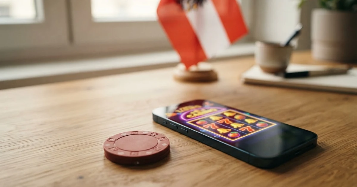 Eine Paysafecard-Prepaid-Karte liegt neben einem Smartphone mit geöffneter Casino-App; im Hintergrund ist die österreichische Flagge zu sehen
