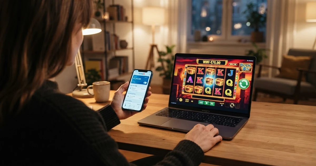 Smartphone-Bildschirm mit offener Revolut-App, daneben ein Laptop mit Casino-Spielfenster im Hintergrund