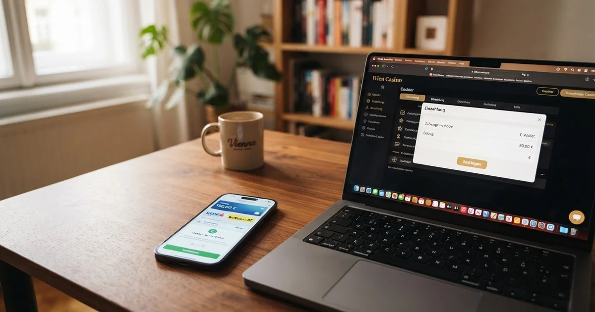 Skrill-Logo und E-Wallet-Dashboard auf einem Smartphone-Bildschirm, daneben ein geöffnetes Online-Casino im Browser mit hervorgehobenem Skrill-Einzahlungsbutton