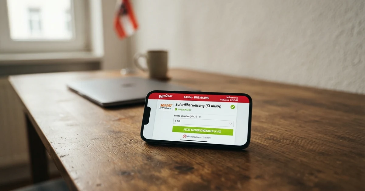 Smartphone-Bildschirm mit geöffneter Casino-Kasse, das Sofortüberweisung-Logo als ausgewählte Zahlungsmethode hervorgehoben