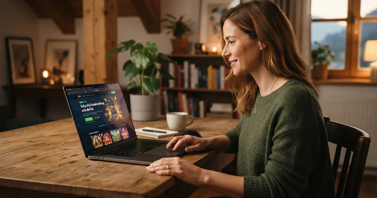 Startseite eines Online-Casinos mit der Anzeige „Keine Mindesteinzahlung erforderlich“ auf einem Laptop-Bildschirm