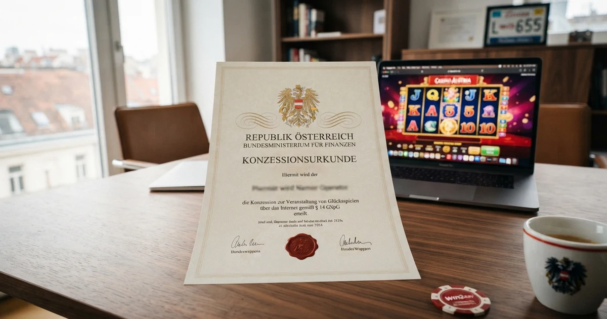 Eine stilisierte Darstellung einer österreichischen Konzessionsurkunde mit Bundesadler vor digitalem Hintergrund
