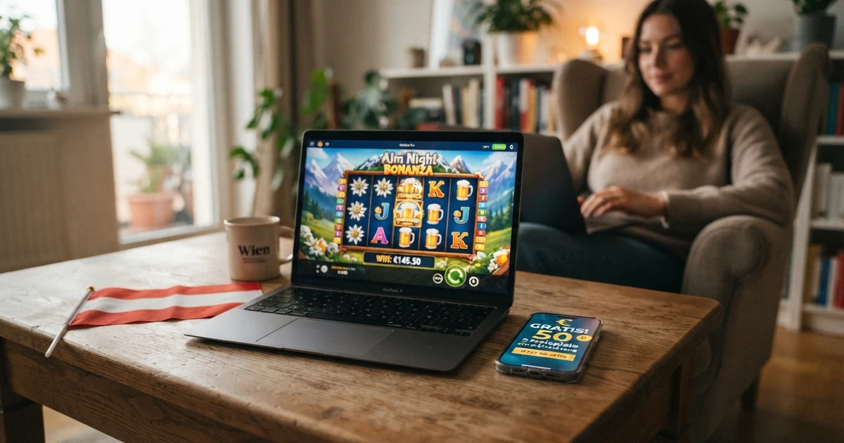 Eine geöffnete Online-Casino-Seite auf einem Laptop-Bildschirm, daneben eine österreichische Flagge und ein Smartphone mit einem Bonus-Popup