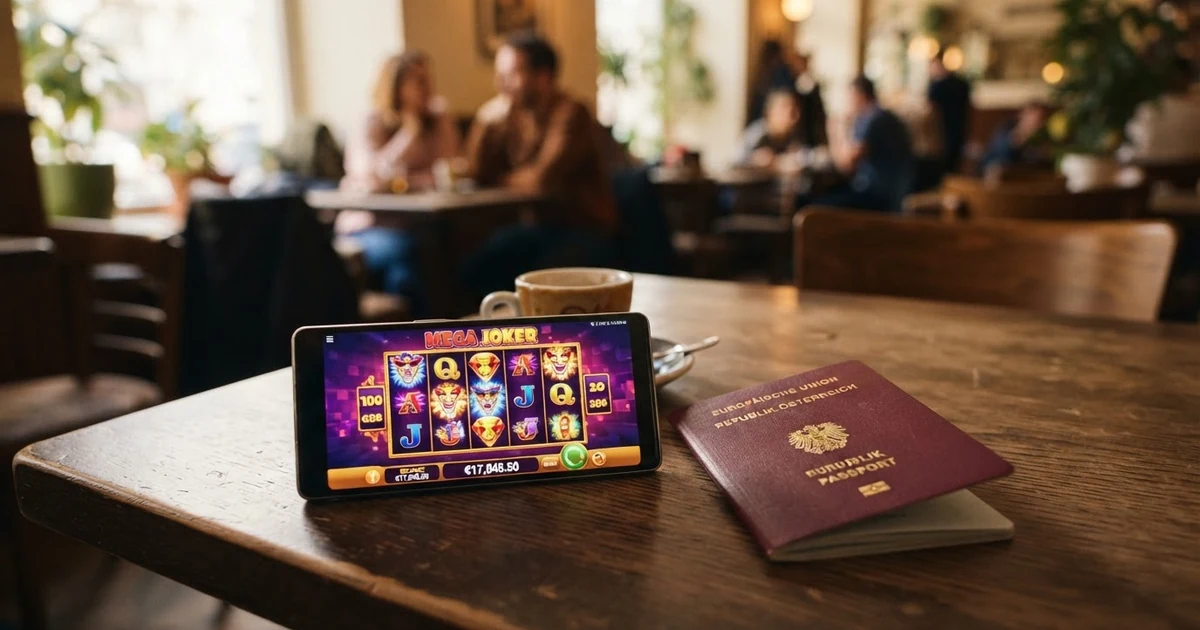 Ein Smartphone zeigt eine Casino-App mit Spielautomaten, daneben ein österreichischer Reisepass — ohne sichtbare Einsatzbegrenzung