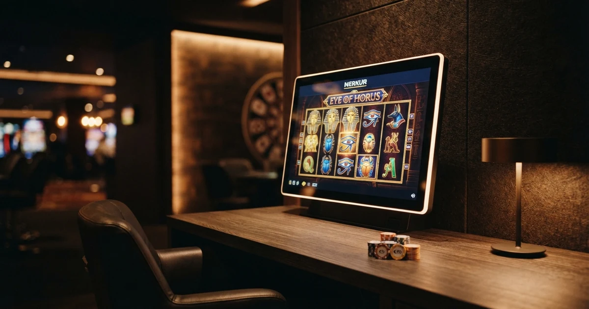 Mehrere Merkur-Spielautomaten mit leuchtenden Walzen, darunter Eye of Horus und Magic Mirror, auf einem Bildschirm vor dunklem Hintergrund