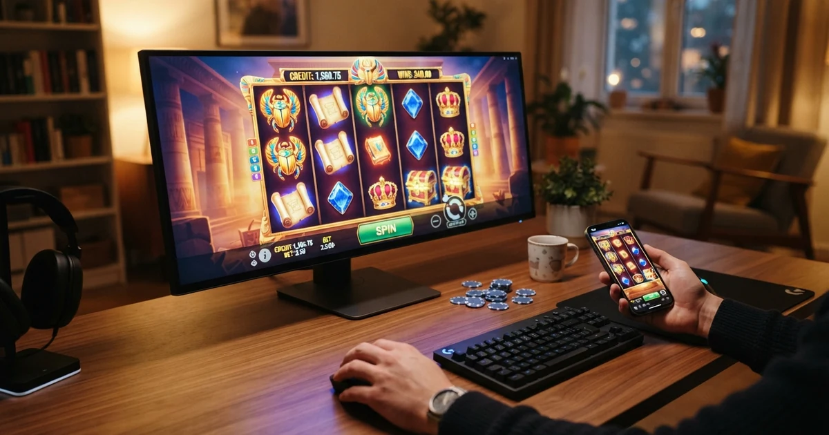 Mehrere Spielautomaten-Walzen mit verschiedenen Symbolen auf einem beleuchteten Bildschirm, im Hintergrund eine Casino-Umgebung angedeutet