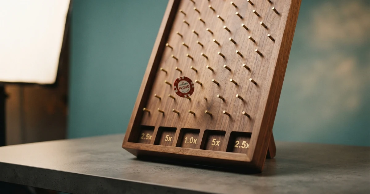 Ein dreieckiges Plinko-Spielbrett mit mehreren Reihen von Pegs, ein Ball fällt von oben durch die Stifte und landet in einem Multiplikator-Feld am unteren Rand