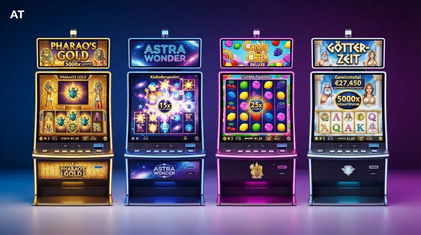 Vier Spielautomat-Screenshots oder -Symbole in einer Reihe, darunter Prozentangaben zu RTP-Werten