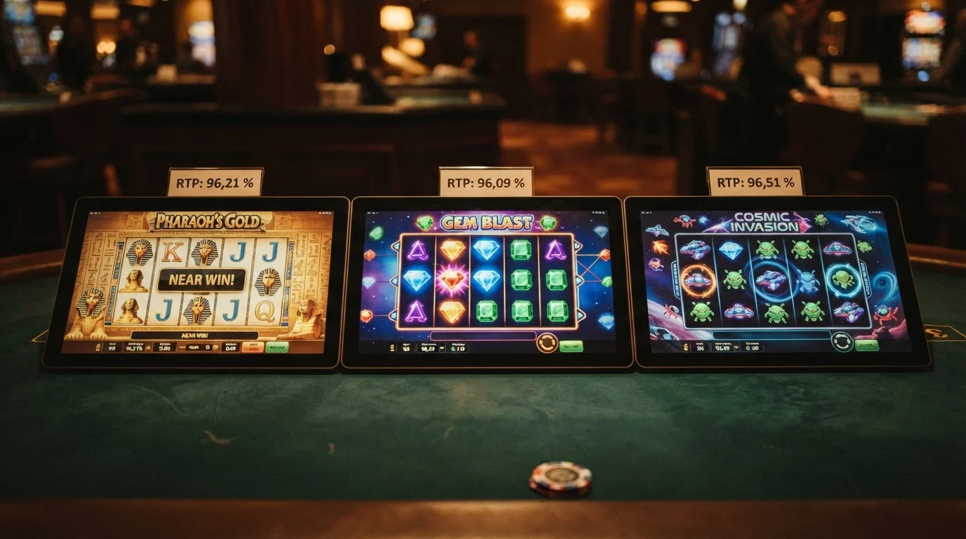Drei Spielautomaten-Bildschirme nebeneinander — Book of Dead, Starburst und Reactoonz — mit eingeblendeten RTP-Prozentwerten
