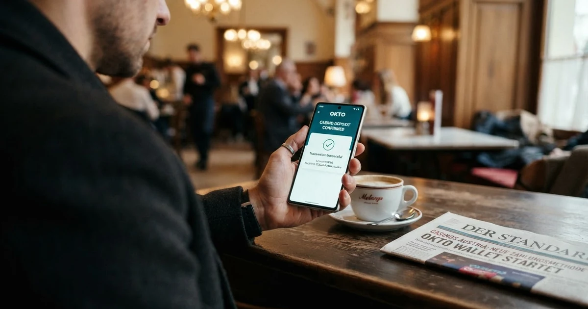 Eine Hand hält ein Smartphone mit geöffneter Okto-Wallet-App, auf dem Display ist eine Casino-Einzahlung in Euro zu sehen