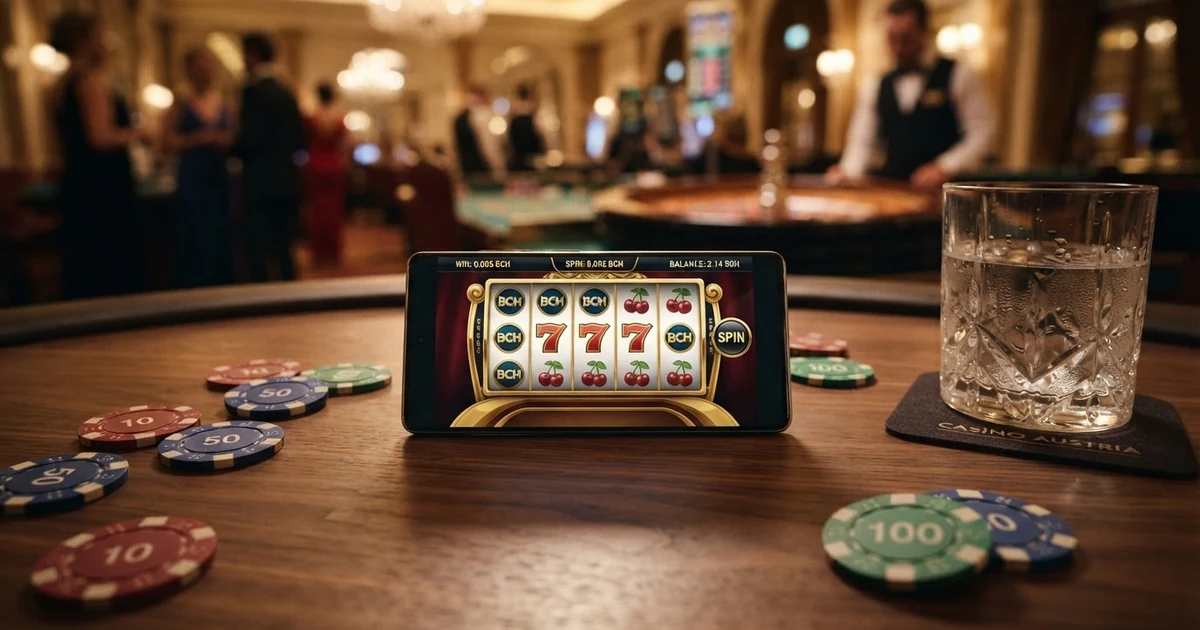 BCH-Logo und Casino-Chips auf dunklem Hintergrund mit Glücksspiel-Tischatmosphäre