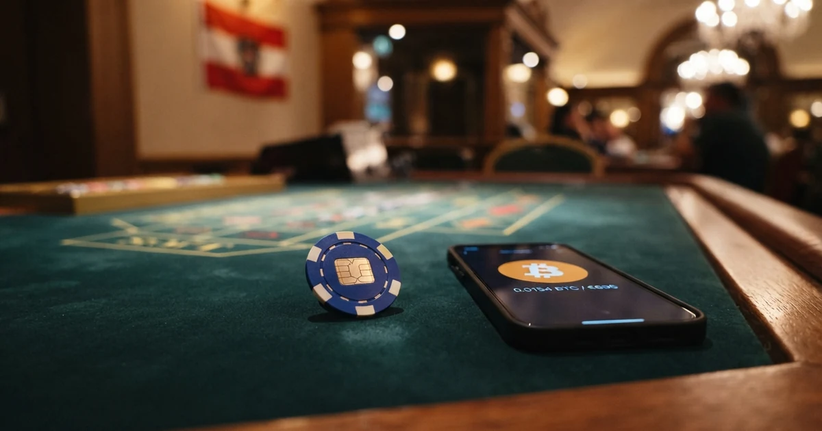 Ein Bitcoin-Symbol und Casino-Chips auf einem grünen Spieltisch vor einer österreichischen Flagge
