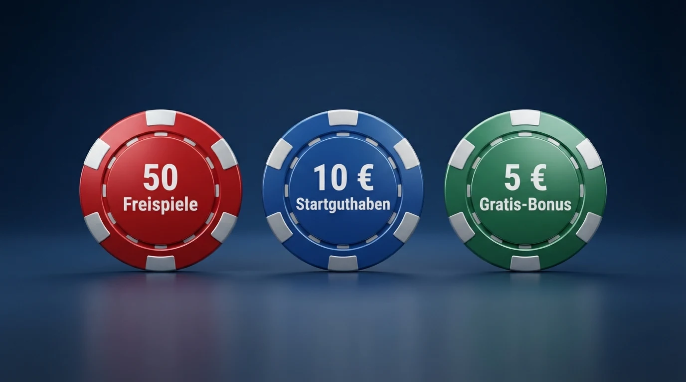 Drei nebeneinanderliegende Kacheln auf einem Casino-Bildschirm: „50 Freispiele“, „10 € Startguthaben“ und „5 € Gratis-Bonus“