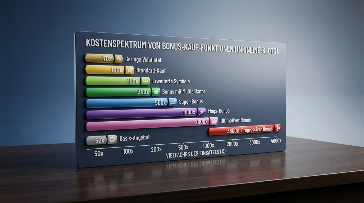 Balkendiagramm mit den zehn Bonuskauf-Kosten als Einsatz-Multiplikator, von 70x bis 3.600x