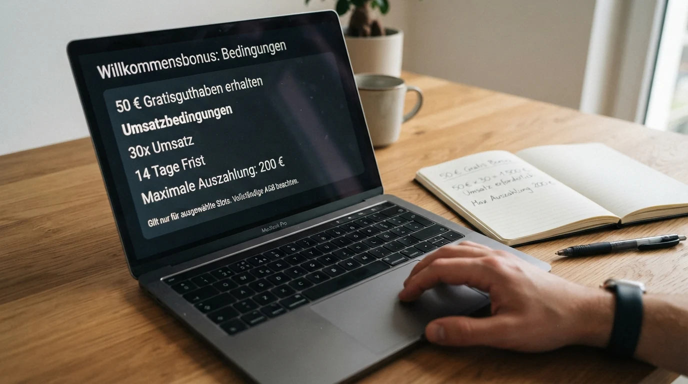 Eine Nahaufnahme eines Bildschirms mit Bonusbedingungen: Umsatz-Multiplikator, Zeitlimit und maximale Auszahlung sind hervorgehoben