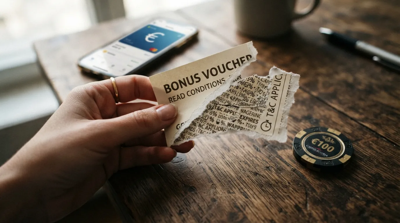 Ein aufgeschnittener Bonus-Gutschein, dessen Inneres aus kleingedruckten Bedingungen, Prozentzeichen und einem Uhrensymbol als Verfallsdatum besteht