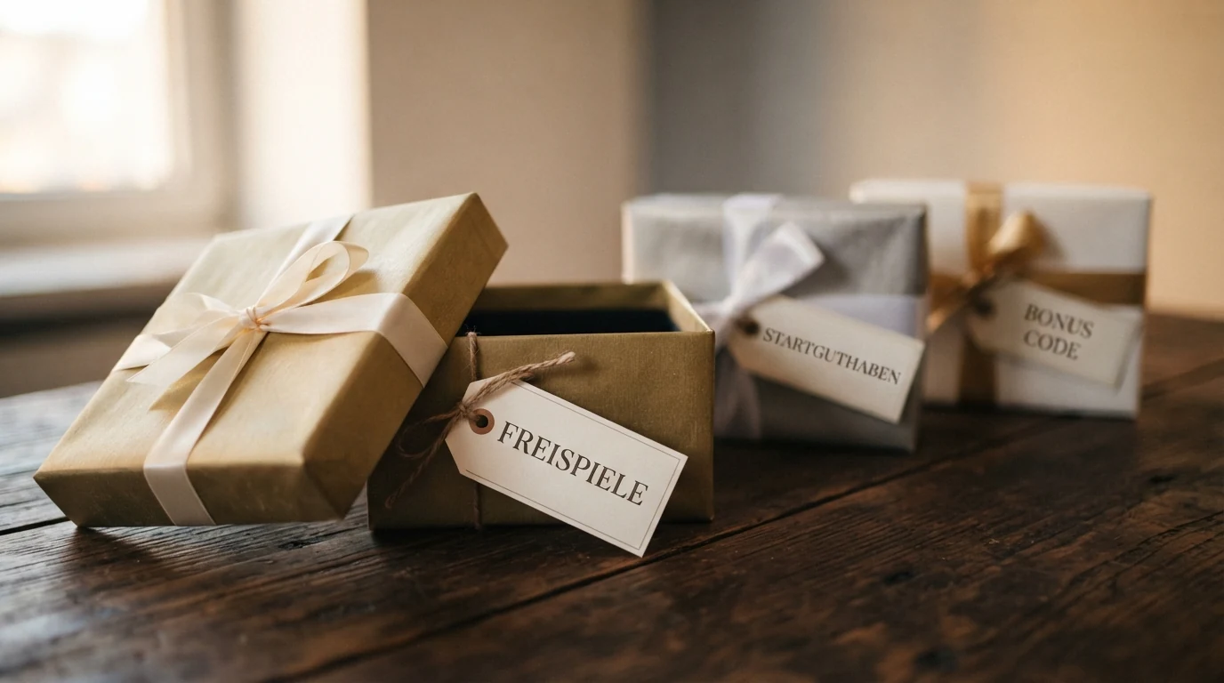 Verschiedene beschriftete Geschenkboxen in einer Reihe: „Freispiele“, „Startguthaben“, „Bonus Code“, eine Box ist geöffnet und leer