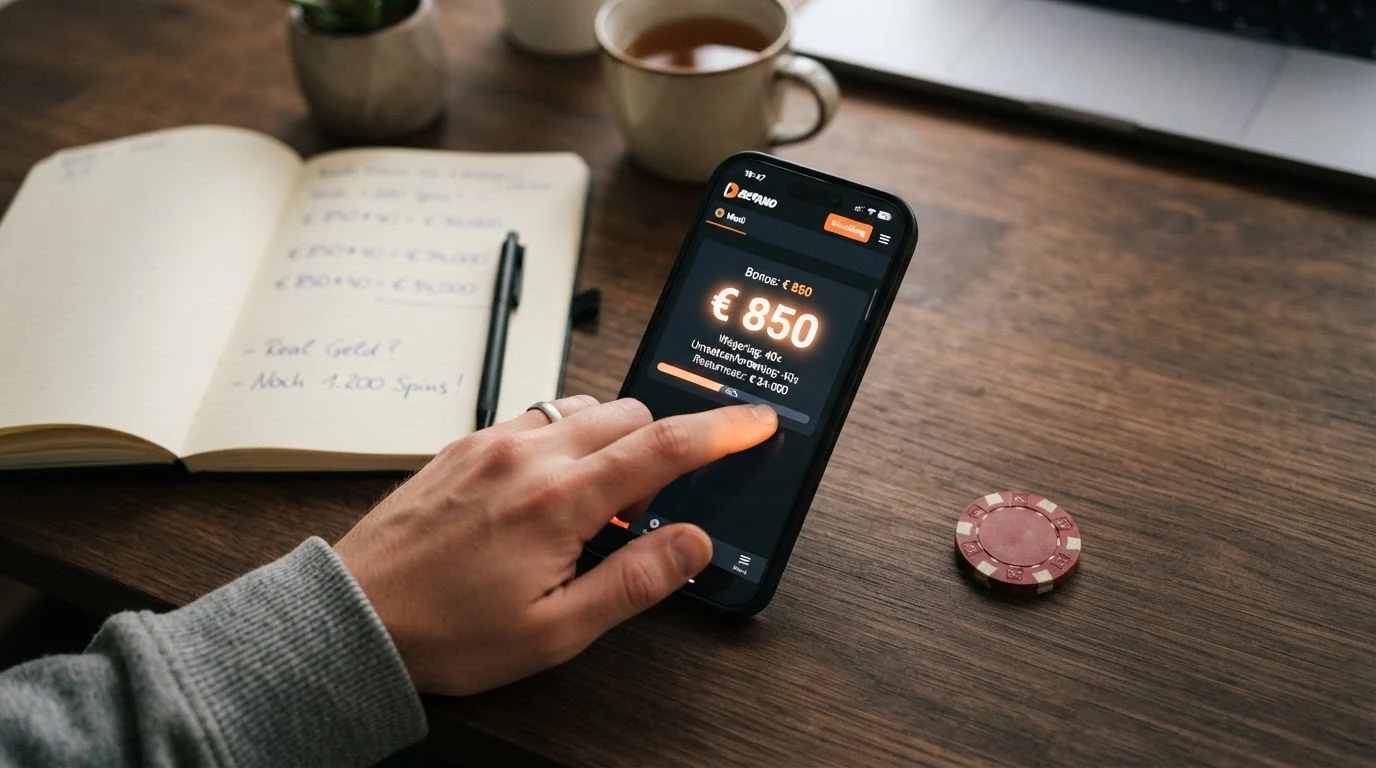 Eine Nahaufnahme von Casino-Chips und einem Smartphone mit geöffneter Bonus-Seite, überlagert von einer durchgestrichenen Prozentangabe