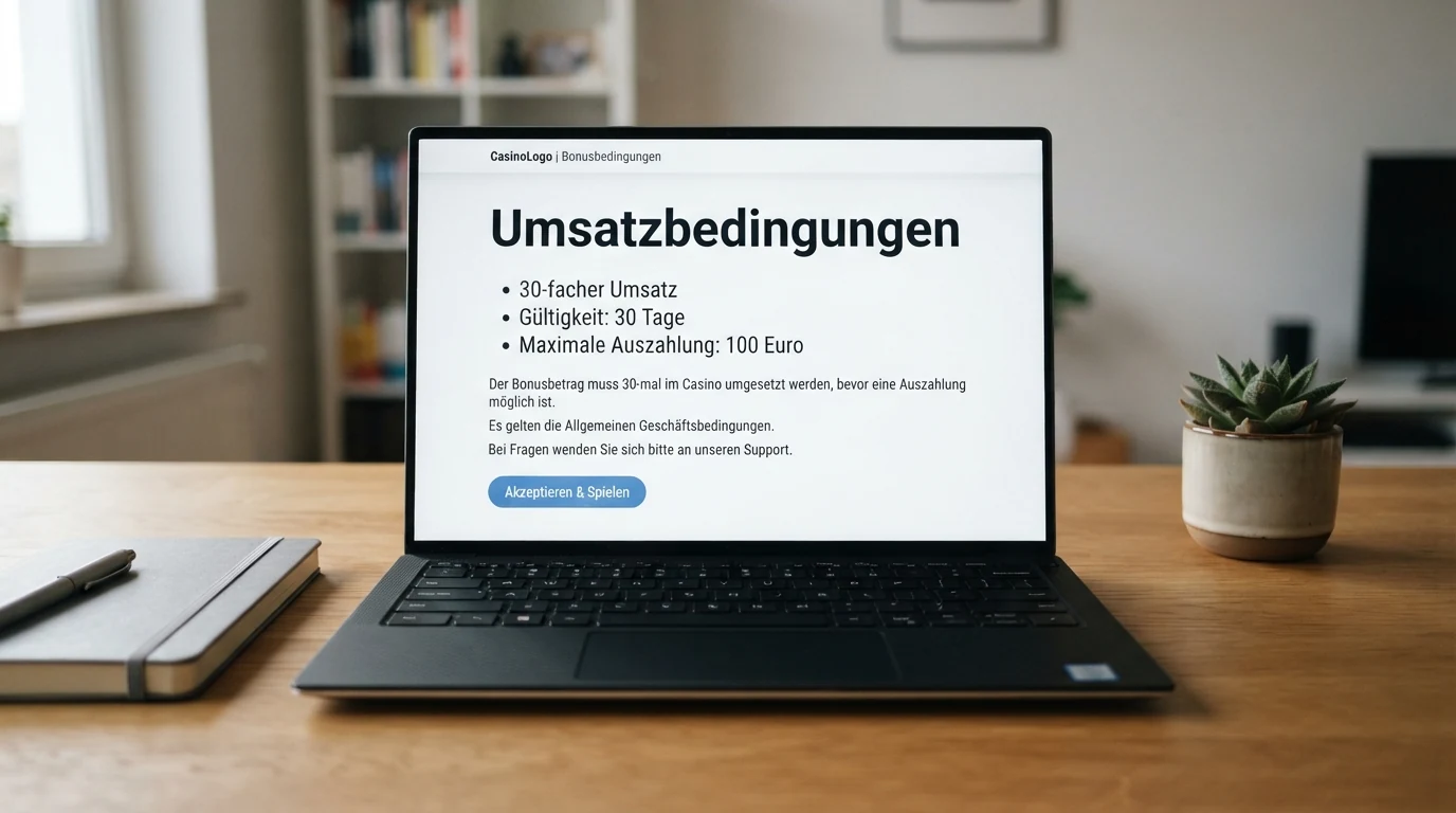 Eine Nahaufnahme von Casino-Umsatzbedingungen, aufgelistet auf einem Bildschirm, mit hervorgehobenen Multiplikatoren und Fristen