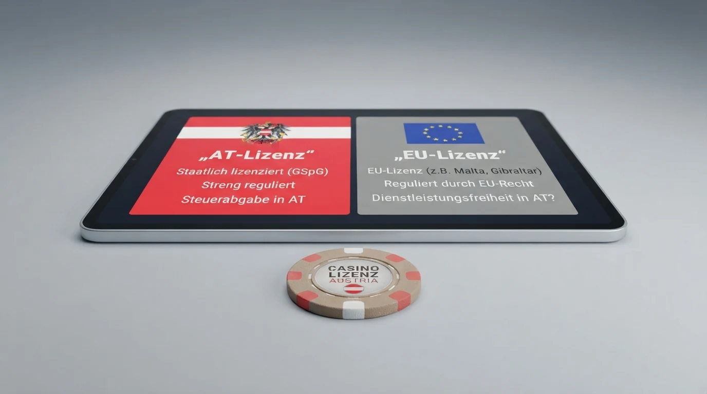 Eine Übersicht von Casino-Logos mit hervorgehobenem Lizenzstatus — ein Anbieter mit AT-Siegel, die übrigen mit EU-Kennzeichnung