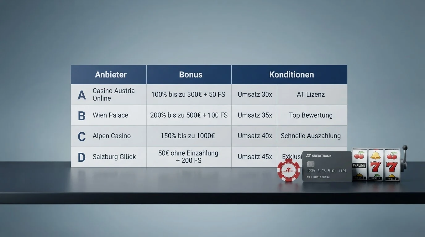 Eine tabellarische Gegenüberstellung mit Casino-Logos, daneben farblich abgestufte Markierungen für Lizenzstatus (grün/rot) und Umsatzbedingungen (niedrig/mittel/hoch)