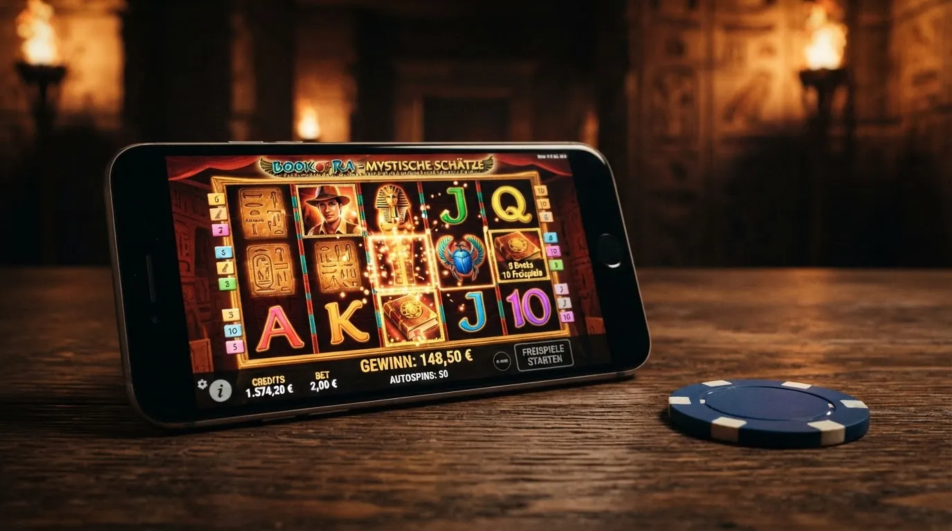 Spielbildschirm des Slots Book of Dead mit fünf Walzen, ägyptischen Symbolen und dem Abenteurer Rich Wilde als Hauptfigur
